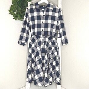 ANGL Navy and White Plaid Button-Front Belted Midi Dress